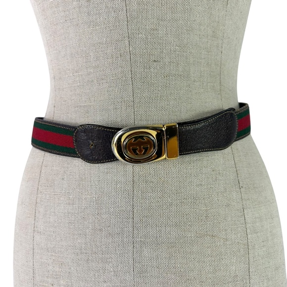 Genuine Vintage GUCCI Reversible Red Green Stripes Brown Leather GG belt 30 - Picture 1 of 14